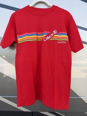 Vintage 80s Velva Sheen Coke is It! Austin Texas rainbow striped red tshirt S